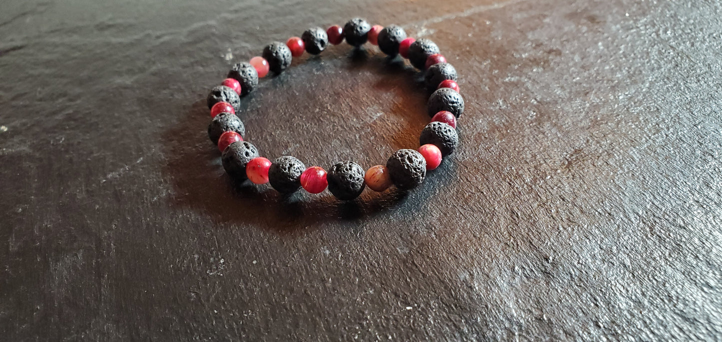 Red Tigers-Eye and Lava Rock Stretch Bracelet.