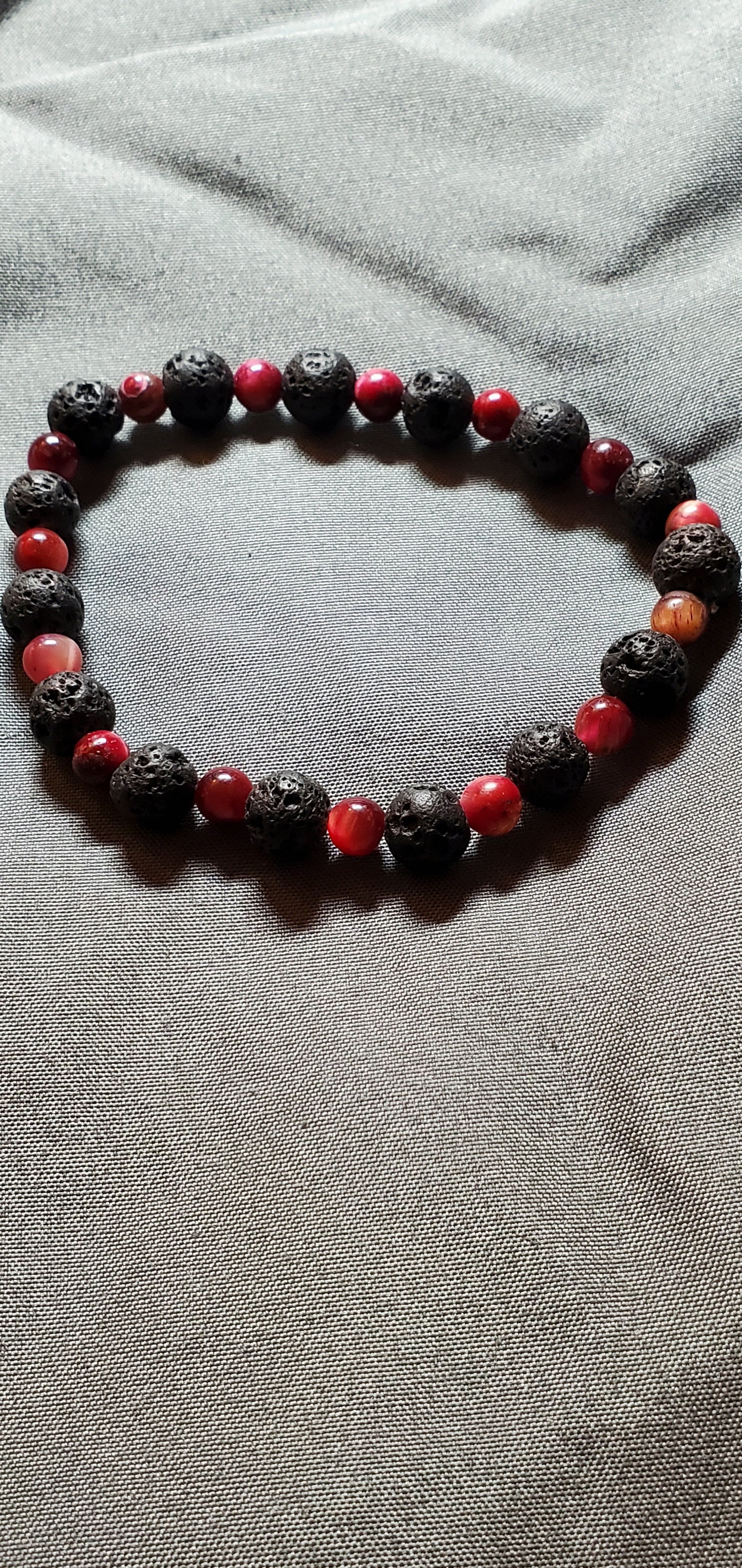 Red Tigers-Eye and Lava Rock Stretch Bracelet.