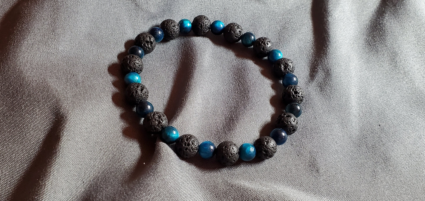 Blue Tigers-Eyes/ Black Lava Rock Stretch Bracelet