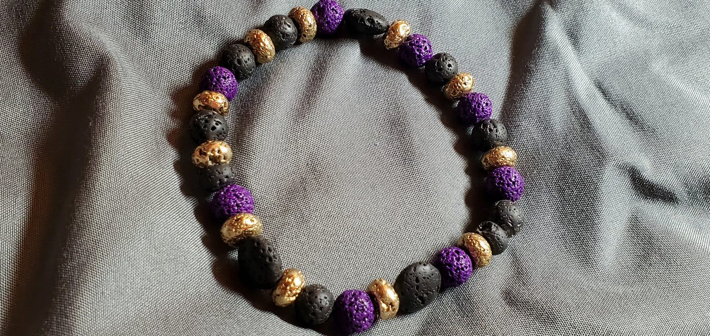 Tri Color Lava Rock(Gold Leafed, Purple, And Black) Stretch Bracelet