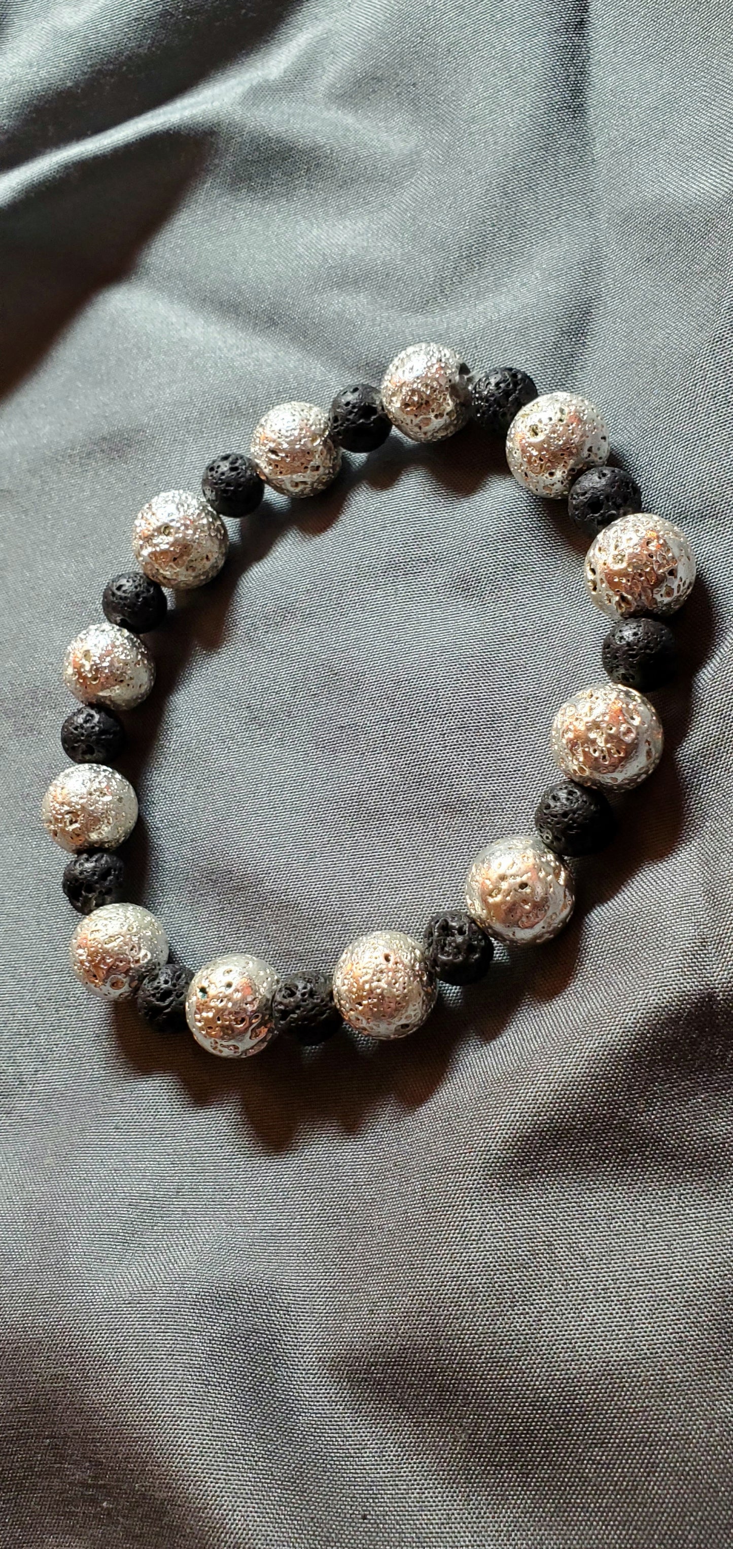 White Gold and Black Lava Rock Stretch Bracelet