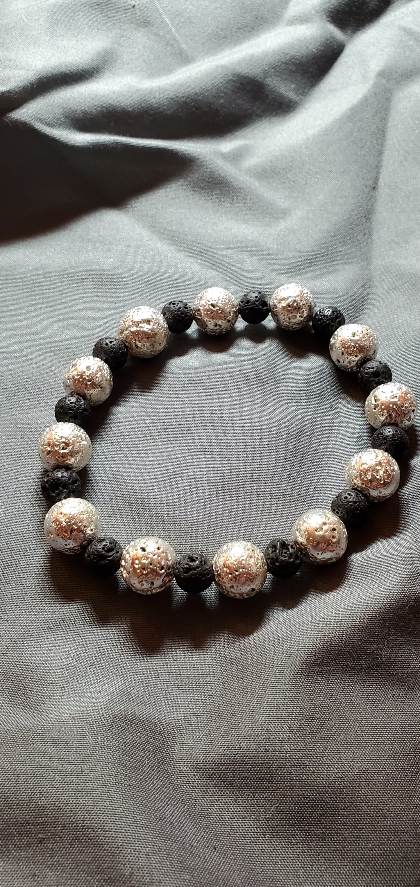 White Gold and Black Lava Rock Stretch Bracelet
