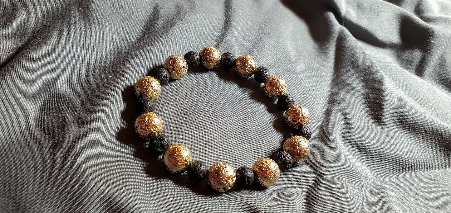 Black And Gold Lava Rock Stretch Bracelet