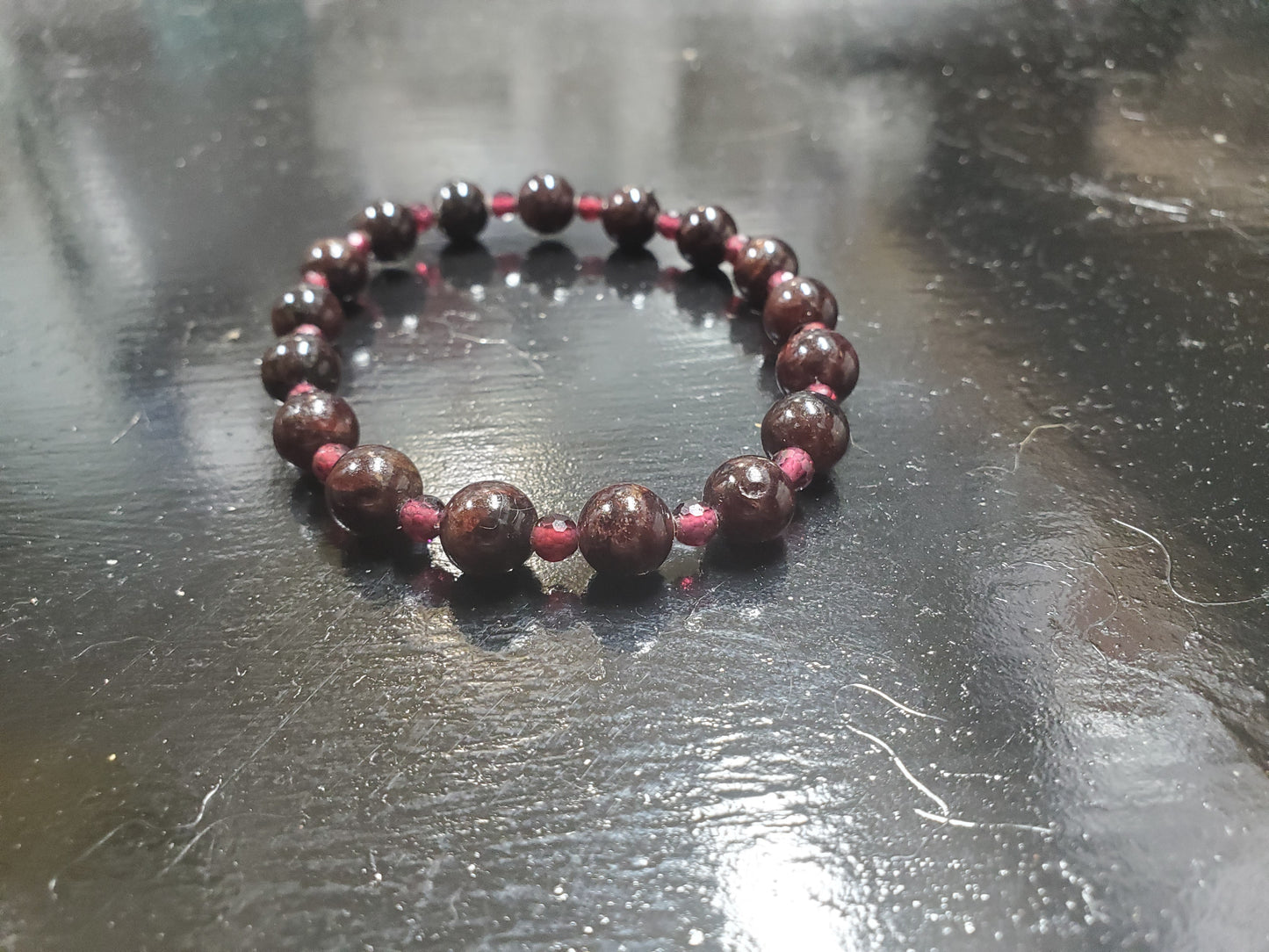 Dual Garnet Bead Stretch Bracelet 7.5" inches