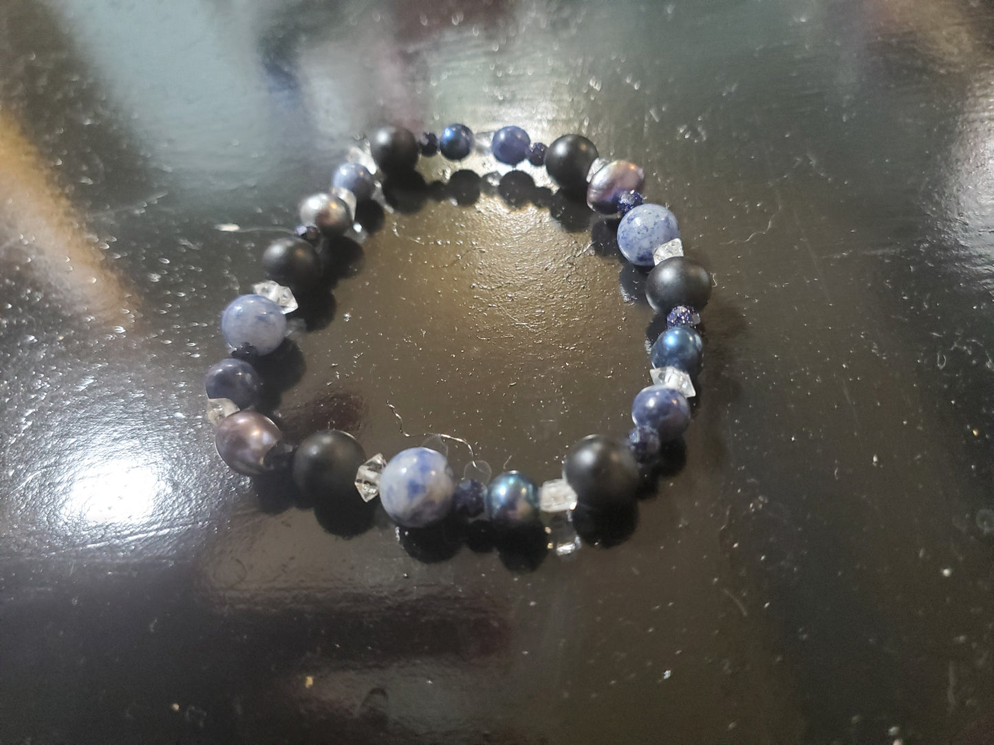 Herkimer DIamond/Sapphire/Black Pearl/Sodalite/Onyx Stretch Bracelet