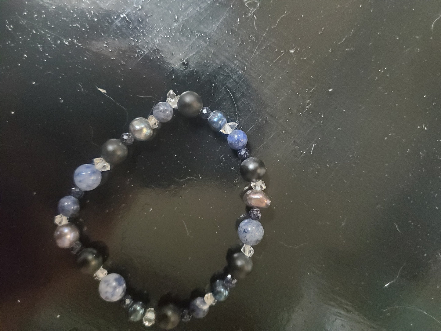Herkimer DIamond/Sapphire/Black Pearl/Sodalite/Onyx Stretch Bracelet