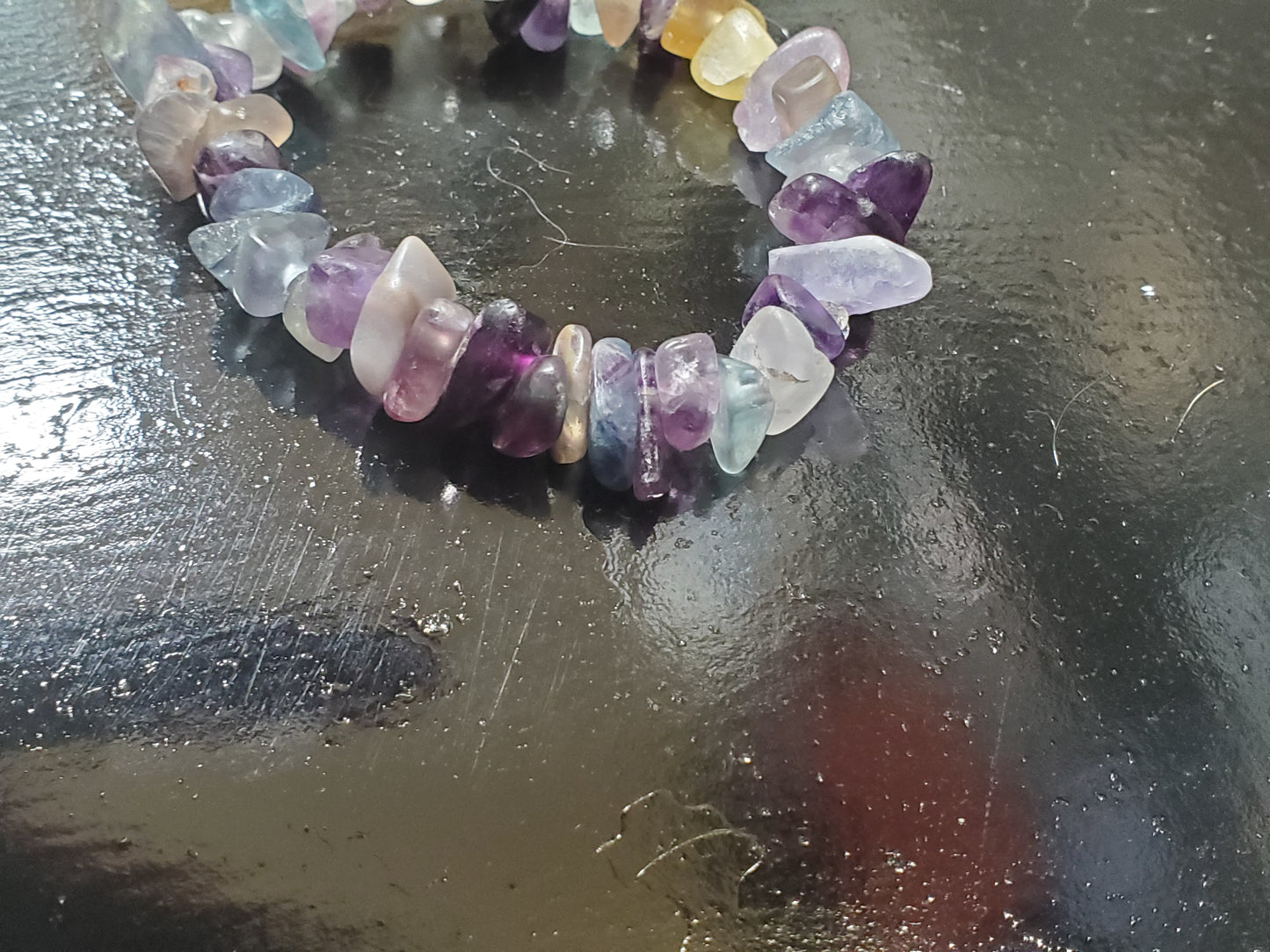 Hand Drilled Rainbow Fluorite Bead Stretch Bracelet 6"<inches>X3