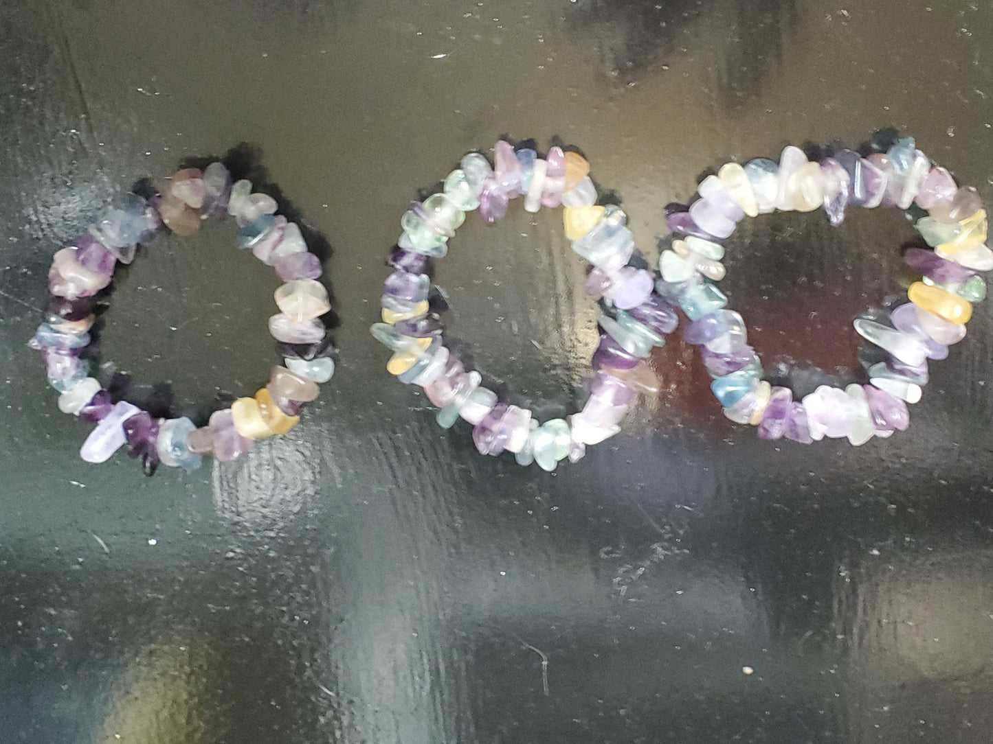 Hand Drilled Rainbow Fluorite Bead Stretch Bracelet 6"<inches>X3