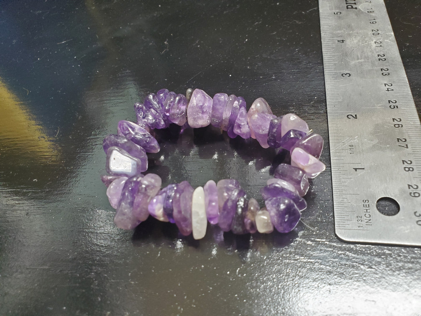 Hand Drilled 6.5"<inches>Amethyst Piece/Bead Stretch Bracelet