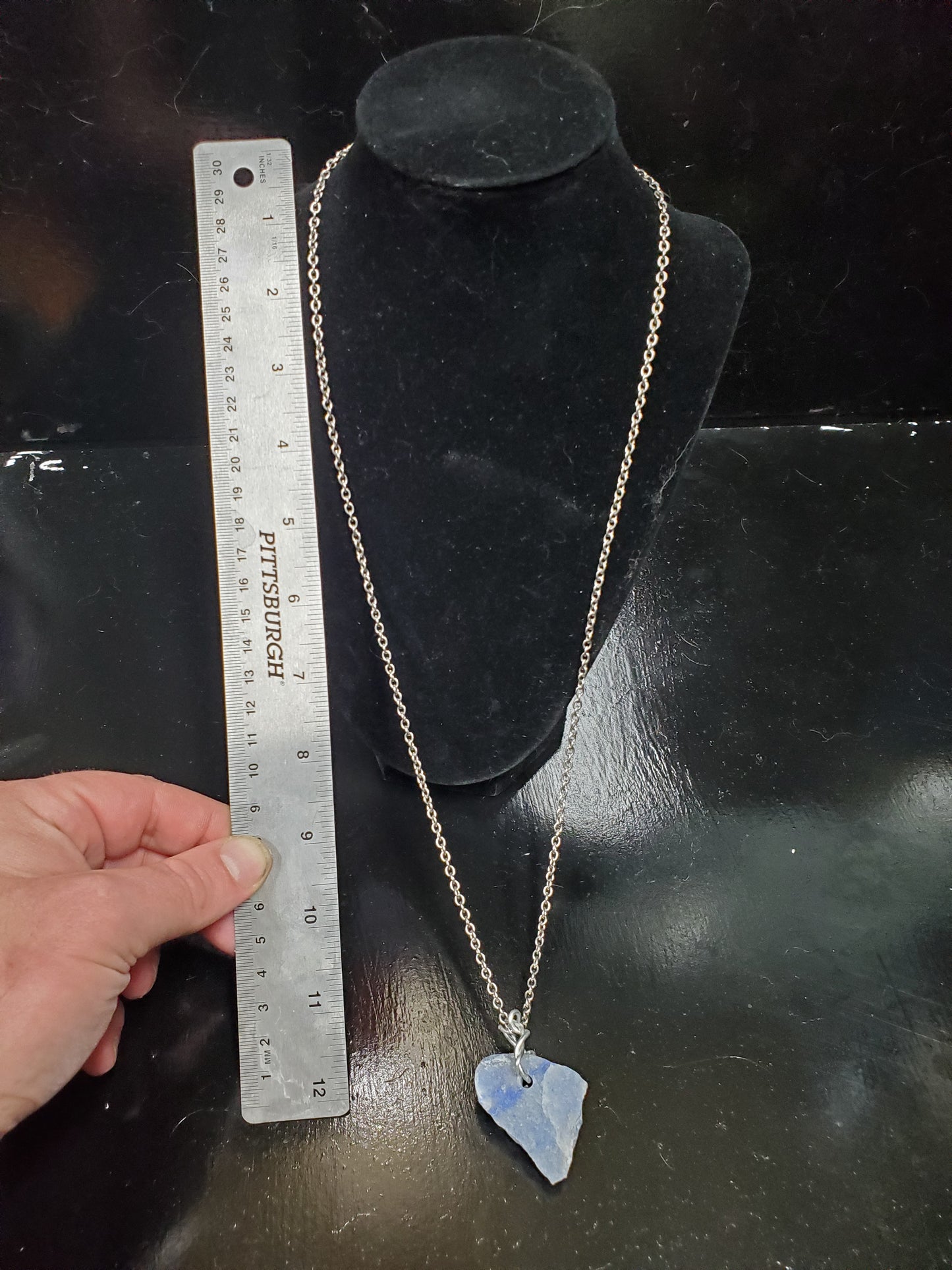 Hand Polished Sapphire Slice Necklace 23" steel chain