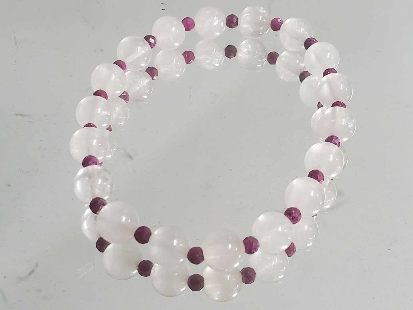 9 1/4" Rose Quartz and Rubies Stretch Bracelet