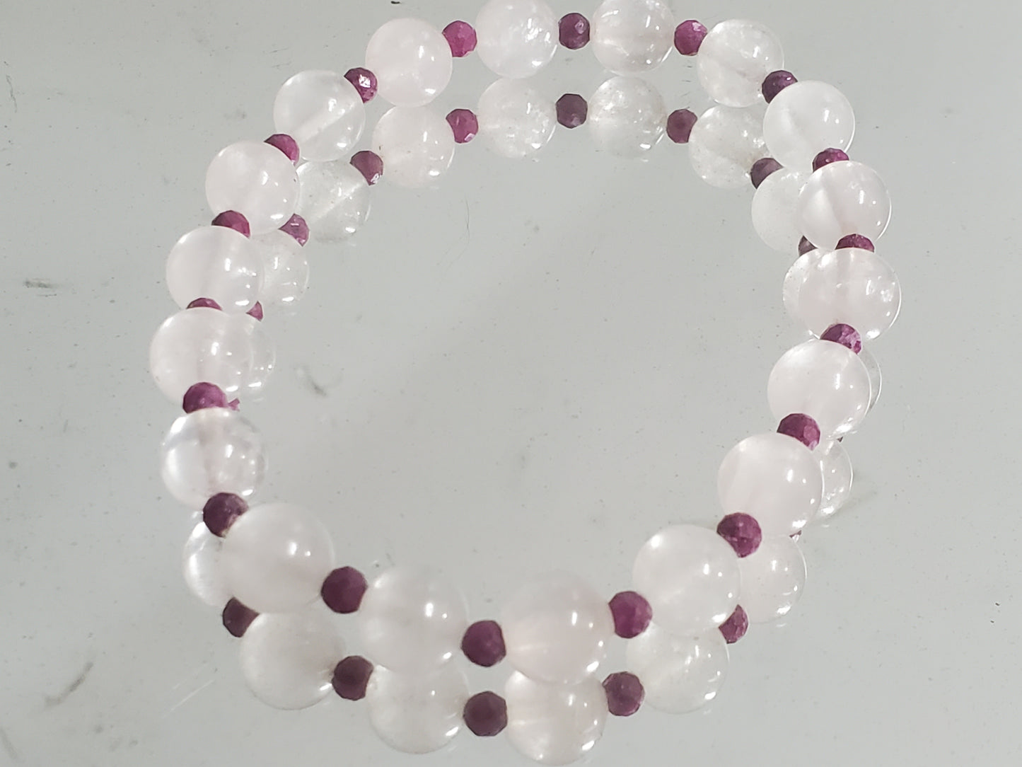 9 1/4" Rose Quartz and Rubies Stretch Bracelet