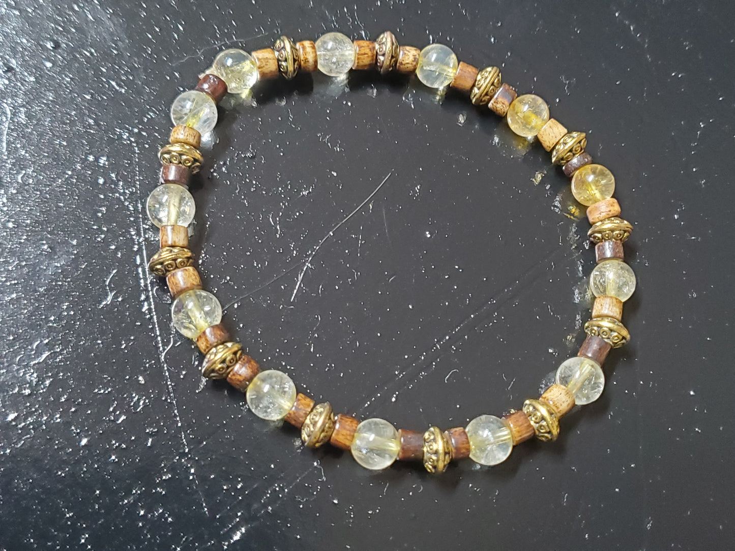 7 1/4" Citrine/Brass/Koa Wood Stretch Bracelet