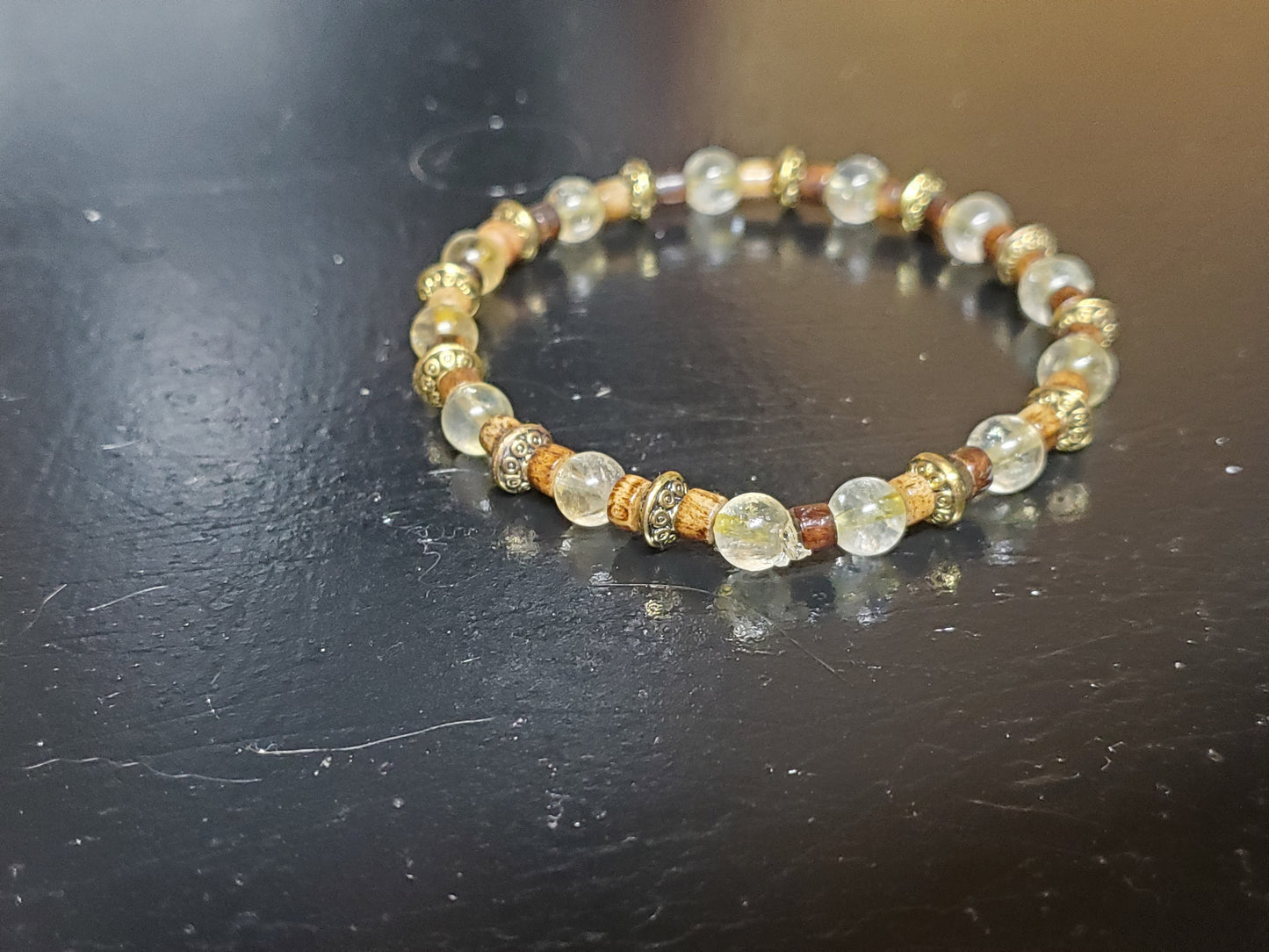 7 1/4" Citrine/Brass/Koa Wood Stretch Bracelet