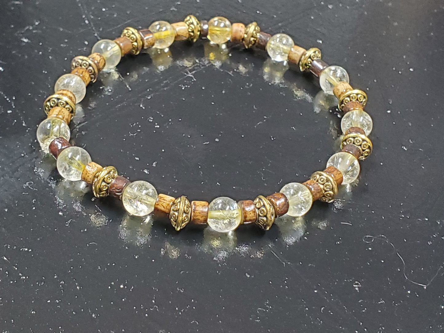 7 1/4" Citrine/Brass/Koa Wood Stretch Bracelet