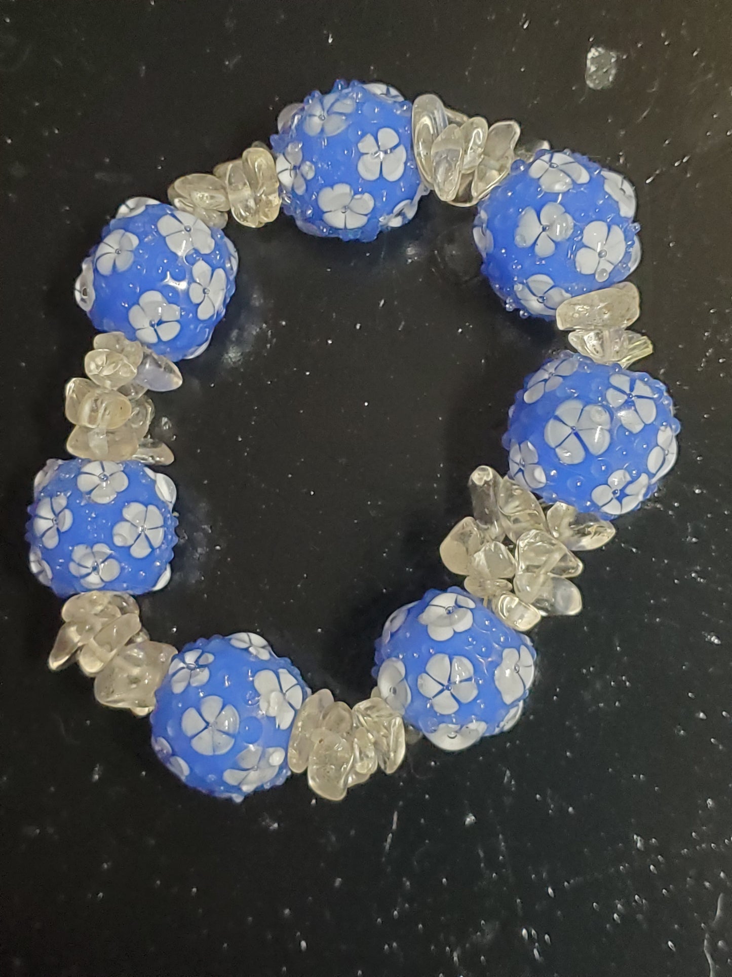 6" Blue Quartz and Hand Blown Bead Stretch Bracelet